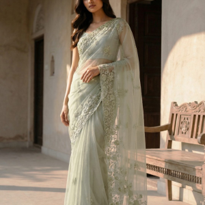 Pastel Green Embroidered Net Saree