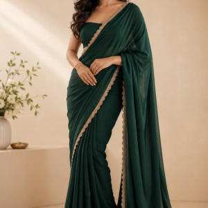 Emerald Green Georgette Saree Scalloped Border