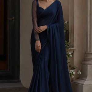 Midnight Navy Blue Georgette Saree Silver Sequin